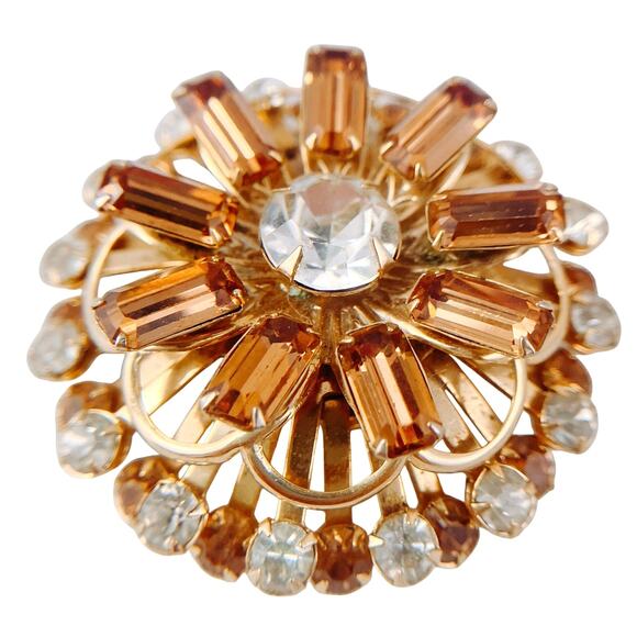 VTG 1950s Rhinestone Domed Layered Swivel Brooch Amber, Clear Stones Gold-Tone - Picture 1 of 7